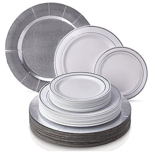  Silver Spoons MODERN ELEGANT DISPOSABLE 240 PC DINNERWARE SET | Heavy Duty Plastic Dishes | 80 Chargers | 80 Dinner Plates | 80 Salad Plates | for Upscale Wedding and Dining | Silver Glare Colle