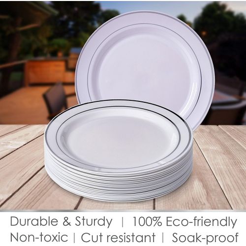  Silver Spoons MODERN ELEGANT DISPOSABLE 240 PC DINNERWARE SET | Heavy Duty Plastic Dishes | 80 Chargers | 80 Dinner Plates | 80 Salad Plates | for Upscale Wedding and Dining | Silver Glare Colle