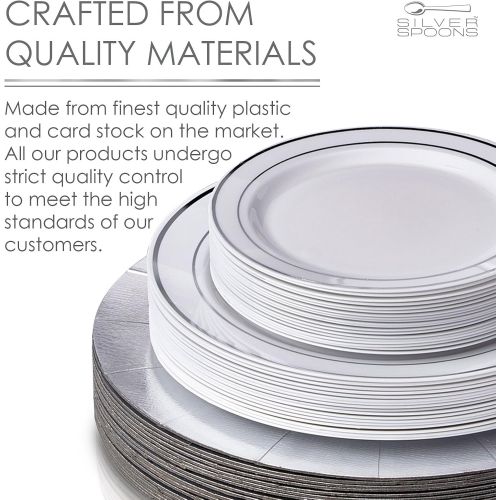  Silver Spoons MODERN ELEGANT DISPOSABLE 240 PC DINNERWARE SET | Heavy Duty Plastic Dishes | 80 Chargers | 80 Dinner Plates | 80 Salad Plates | for Upscale Wedding and Dining | Silver Glare Colle