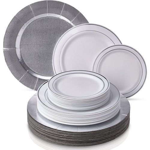  Silver Spoons MODERN ELEGANT DISPOSABLE 240 PC DINNERWARE SET | Heavy Duty Plastic Dishes | 80 Chargers | 80 Dinner Plates | 80 Salad Plates | for Upscale Wedding and Dining | Silver Glare Colle