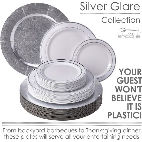  Silver Spoons MODERN ELEGANT DISPOSABLE 240 PC DINNERWARE SET | Heavy Duty Plastic Dishes | 80 Chargers | 80 Dinner Plates | 80 Salad Plates | for Upscale Wedding and Dining | Silver Glare Colle