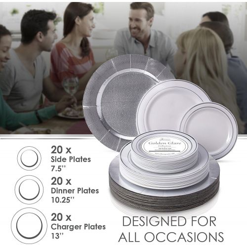  Silver Spoons MODERN ELEGANT DISPOSABLE 240 PC DINNERWARE SET | Heavy Duty Plastic Dishes | 80 Chargers | 80 Dinner Plates | 80 Salad Plates | for Upscale Wedding and Dining | Silver Glare Colle