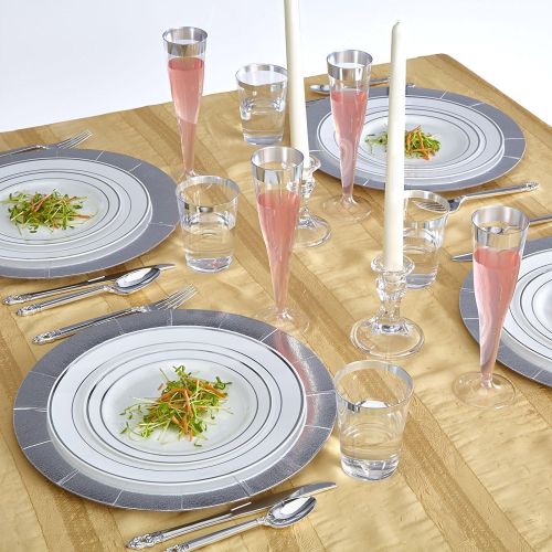  Silver Spoons MODERN ELEGANT DISPOSABLE 240 PC DINNERWARE SET | Heavy Duty Plastic Dishes | 80 Chargers | 80 Dinner Plates | 80 Salad Plates | for Upscale Wedding and Dining | Silver Glare Colle