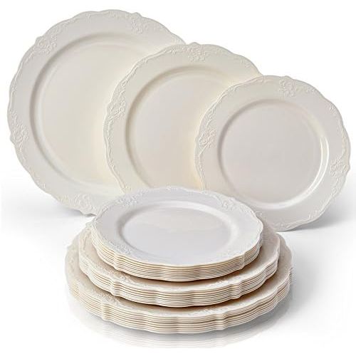  Silver Spoons VINTAGE COLLECTION 120 PC DINNERWARE SET | 40 Dinner Plates | 40 Salad Plates | 40 Dessert Plates | Durable Plastic Dishes | Elegant Fine China Look | for Upscale Wedding and Dinin