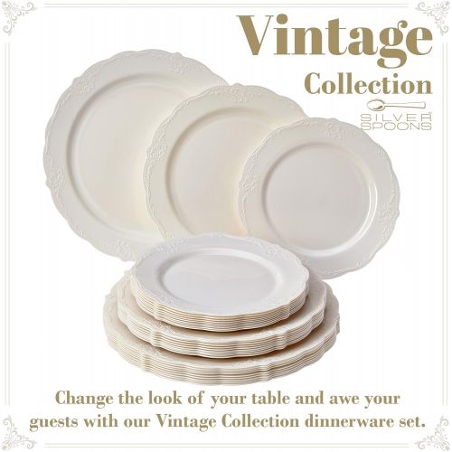  Silver Spoons VINTAGE COLLECTION 120 PC DINNERWARE SET | 40 Dinner Plates | 40 Salad Plates | 40 Dessert Plates | Durable Plastic Dishes | Elegant Fine China Look | for Upscale Wedding and Dinin