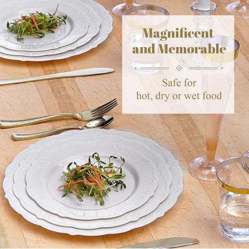  Silver Spoons VINTAGE COLLECTION 120 PC DINNERWARE SET | 40 Dinner Plates | 40 Salad Plates | 40 Dessert Plates | Durable Plastic Dishes | Elegant Fine China Look | for Upscale Wedding and Dinin