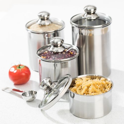  Beautiful Canisters Sets for the Kitchen Counter, Small Sized, 4-Piece Stainless Steel with Glass Lids and 20 ml Measuring Scoop - SilverOnyx Tea Coffee Sugar Canisters - 4pc Glass