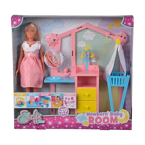  Steffi Love Newborn Baby Room, Pregnant Doll with Baby in the Children's Room, with Baby Bed, Changing Table, Bath and Accessories, 29 cm Toy Doll, from 3 Years