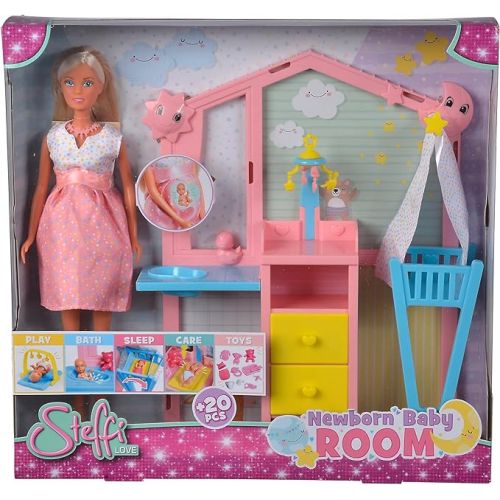  Steffi Love Newborn Baby Room, Pregnant Doll with Baby in the Children's Room, with Baby Bed, Changing Table, Bath and Accessories, 29 cm Toy Doll, from 3 Years