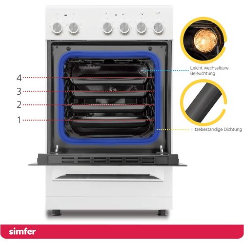  [아마존베스트]Simfer SMF-FS 4227 Standing Cooker with Glass Ceramic Hob 60 cm 48 Litres Electric Cooker 4 Hilight Zones Grill Function Baking Room Lighting Oven Door