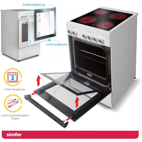  [아마존베스트]Simfer SMF-FS 4227 Standing Cooker with Glass Ceramic Hob 60 cm 48 Litres Electric Cooker 4 Hilight Zones Grill Function Baking Room Lighting Oven Door