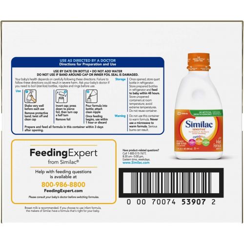  Similac Sensitive Infant Formula with Iron, Ready to Feed, 1 qt (Pack of 6) (Pack May Vary)