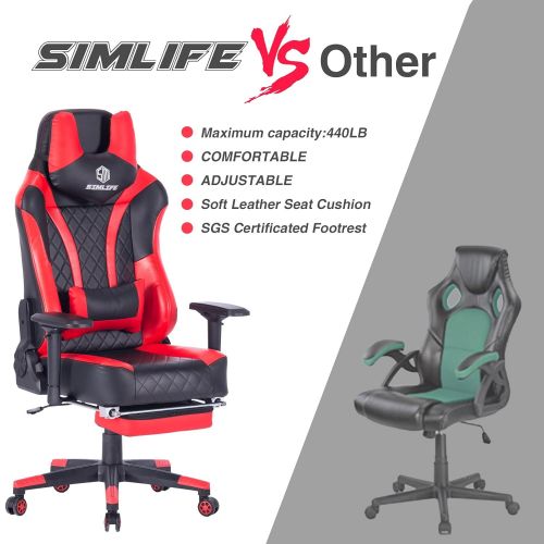  Simlife SimLife Metal Lumbar and Headrest Support RedBlack Ergonomic Gaming Computer High Back Leather Swivel Gamer Racing Executive PC Office Desk Chair with Footrest, Big