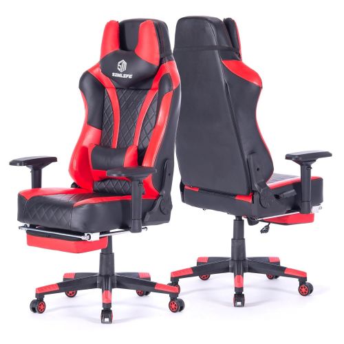  Simlife SimLife Metal Lumbar and Headrest Support RedBlack Ergonomic Gaming Computer High Back Leather Swivel Gamer Racing Executive PC Office Desk Chair with Footrest, Big