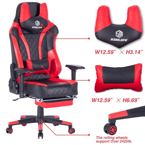  Simlife SimLife Metal Lumbar and Headrest Support RedBlack Ergonomic Gaming Computer High Back Leather Swivel Gamer Racing Executive PC Office Desk Chair with Footrest, Big