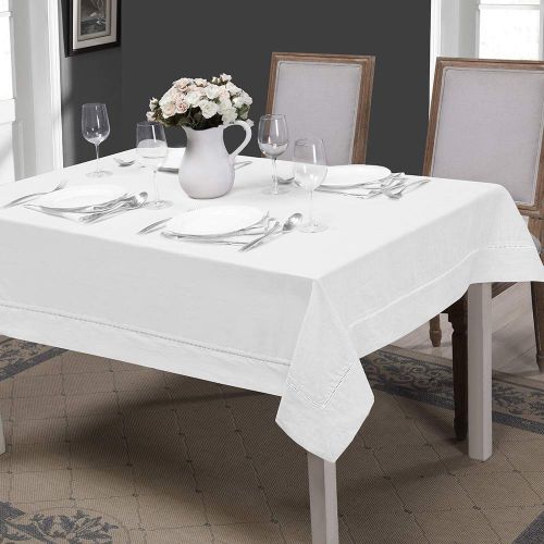  Simple&Opulence Premium 100% Linen Hemstitch Tablecloth for Rectangular Table White 54 x 72 Inch