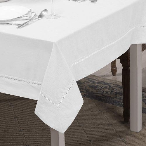  Simple&Opulence Premium 100% Linen Hemstitch Tablecloth for Rectangular Table White 54 x 72 Inch