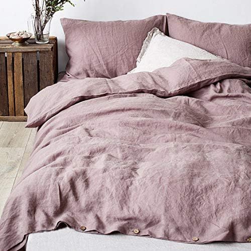  Simple&Opulence 100% Linen Duvet Cover Set Coconut Buttons Stone Washed 3pcs Bedding Set (King, Purple)