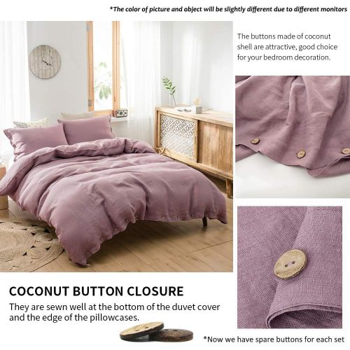  Simple&Opulence 100% Linen Duvet Cover Set Coconut Buttons Stone Washed 3pcs Bedding Set (King, Purple)