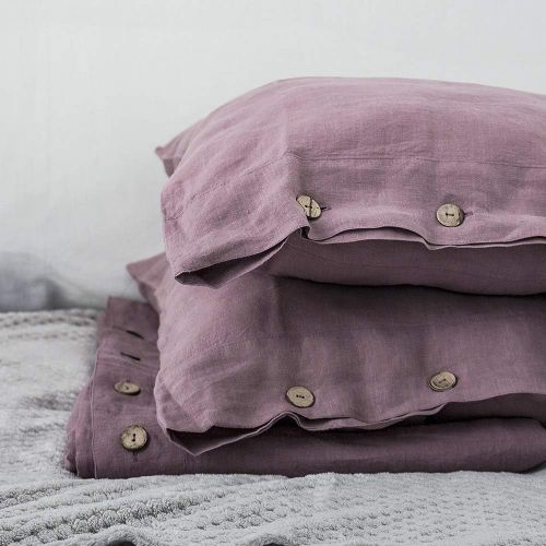  Simple&Opulence 100% Linen Duvet Cover Set Coconut Buttons Stone Washed 3pcs Bedding Set (King, Purple)