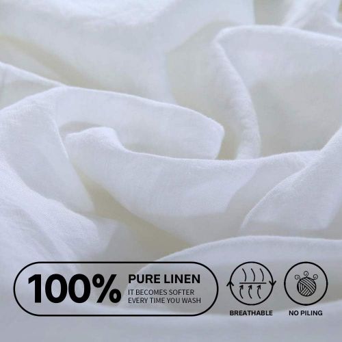  Simple&Opulence 100% Linen Fitted Sheet (1 Piece) Mattress Cover, Natural Belgian Flax-King Size, 14 Inch Deep Pocket Stone Washed-Farmhouse Bedding-White