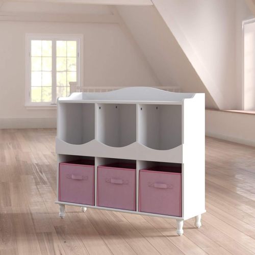  Simple Interior Cubby Toy Storage - Kids Storage Organizer with 6 Open Cubes - Childrens Room Shelf Rack - Shelving Unit with 3 Pink Woven Fabric Bins