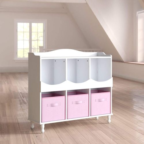  Simple Interior Cubby Toy Storage - Kids Storage Organizer with 6 Open Cubes - Childrens Room Shelf Rack - Shelving Unit with 3 Pink Woven Fabric Bins