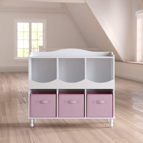  Simple Interior Cubby Toy Storage - Kids Storage Organizer with 6 Open Cubes - Childrens Room Shelf Rack - Shelving Unit with 3 Pink Woven Fabric Bins