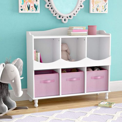  Simple Interior Cubby Toy Storage - Kids Storage Organizer with 6 Open Cubes - Childrens Room Shelf Rack - Shelving Unit with 3 Pink Woven Fabric Bins