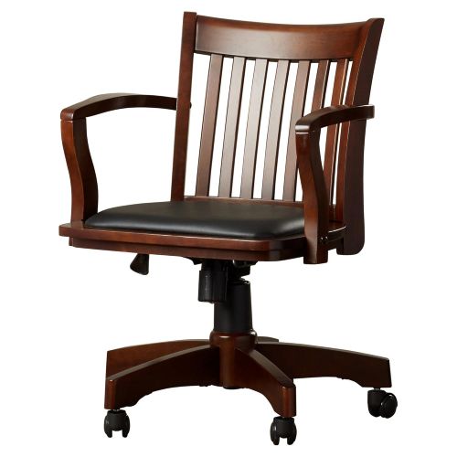  Simple Living Products Wood Bankers Desk Chair With Arms - Adjustable Height, Tilt Control, Swivel Seat And Dual Casters, Faux Leather Upholstered Seat (Espresso)