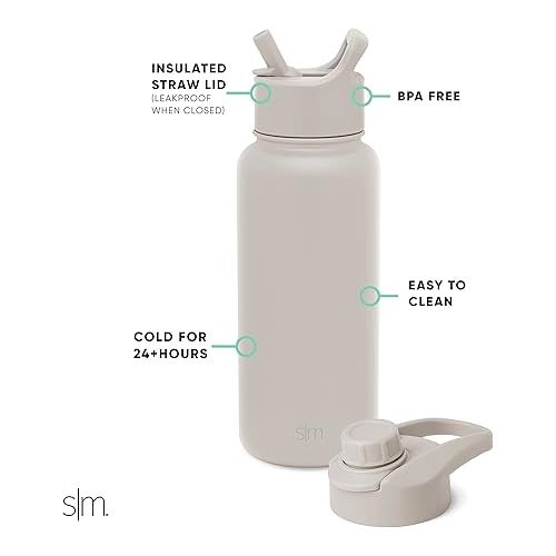  Simple Modern Water Bottle with Straw and Chug Lid Vacuum Insulated Stainless Steel Metal Thermos Bottles | Reusable Leak Proof BPA-Free Flask for Sports | Summit Collection | 32oz, Almond Birch
