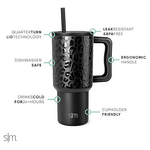  Simple Modern 30 oz Tumbler with Handle and Straw Lid | Insulated Cup Reusable Stainless Steel Water Bottle Travel Mug Cupholder Friendly | Gifts for Women Him Her | Trek Collection | Black Leopard