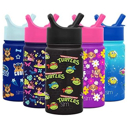  Simple Modern Kids Water Bottle with Straw Lid Insulated Stainless Steel Reusable Tumbler for Toddlers, Girls, Boys Summit Collection 14oz, TMNT Turtles Unite