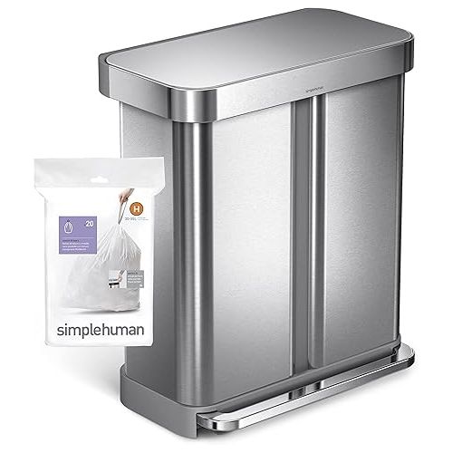 심플휴먼 simplehuman Code H Custom Fit Drawstring Trash Bags in Dispenser Packs, 20 Count, 30-35 Liter / 8-9 Gallon, White