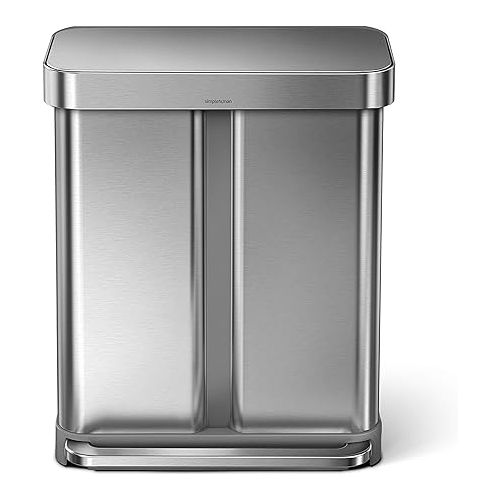 심플휴먼 simplehuman 58 Liter / 15.3 Gallon Rectangular Hands-Free Dual Compartment Recycling Kitchen Step Trash Can with Soft-Close Lid, Brushed Stainless Steel