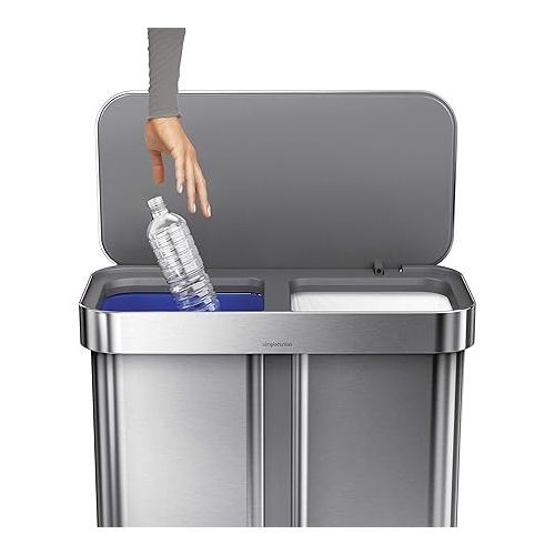 심플휴먼 simplehuman 58 Liter / 15.3 Gallon Rectangular Hands-Free Dual Compartment Recycling Kitchen Step Trash Can with Soft-Close Lid, Brushed Stainless Steel