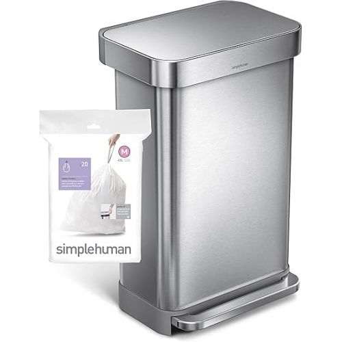 심플휴먼 simplehuman Code M 100 Count, Genuine Custom Fit Liners, Drawstring Trash Bags in Dispenser Packs, 45 Liter / 11.9 Gallon, White