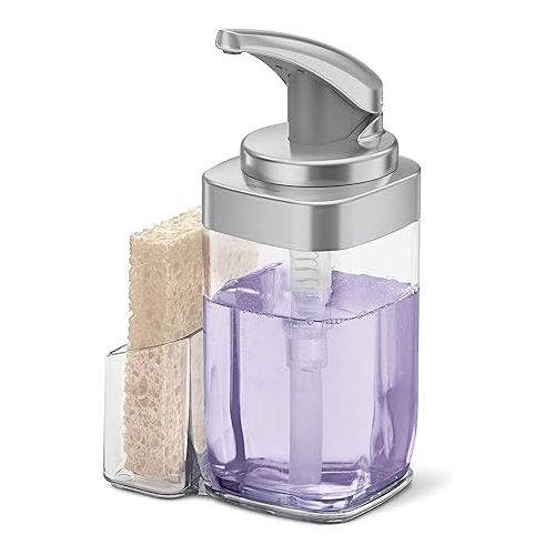 심플휴먼 simplehuman 22 oz. Square Push Pump Soap Dispenser with Sponge Caddy, Brushed Nickel