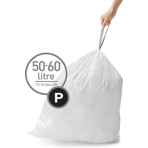 심플휴먼 simplehuman Code P Custom Fit Drawstring Trash Bags, 50 -60 L / 13-16 Gallon, 1 Refill Pack (20 Count)