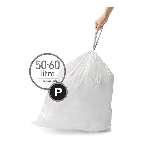 심플휴먼 simplehuman Code P Custom Fit Drawstring Trash Bags in Dispenser Packs, 20 Count, 50-60 Liter / 13.2-15.9 Gallon, White
