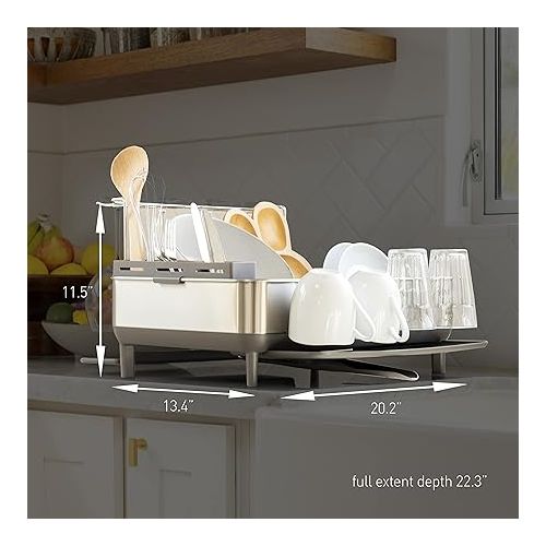 심플휴먼 simplehuman Kitchen Dish Drying Rack with Swivel Spout, Fingerprint-Proof Stainless Steel Frame, Grey Plastic