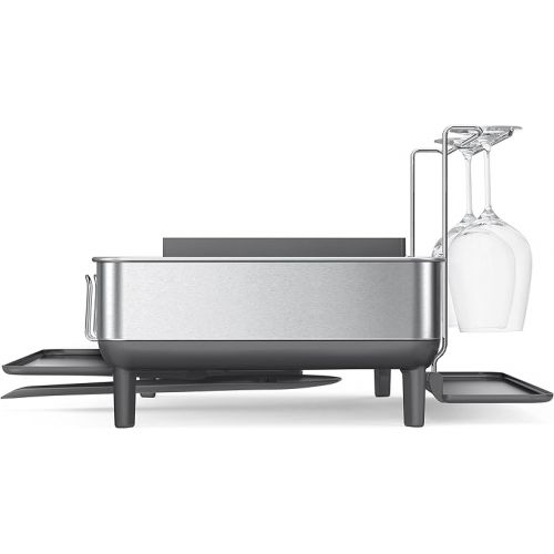 심플휴먼 simplehuman Kitchen Dish Drying Rack with Swivel Spout, Fingerprint-Proof Stainless Steel Frame, Grey Plastic