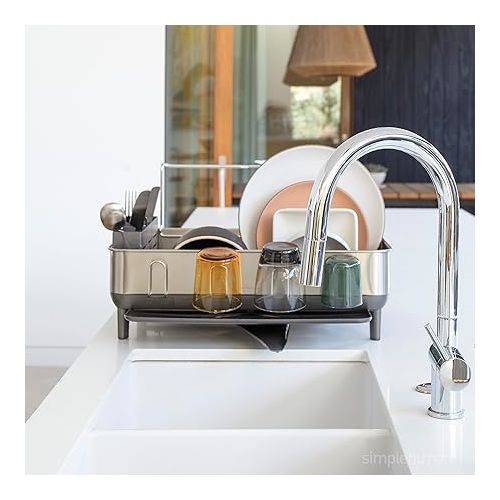 심플휴먼 simplehuman Kitchen Dish Drying Rack with Swivel Spout, Fingerprint-Proof Stainless Steel Frame, Grey Plastic