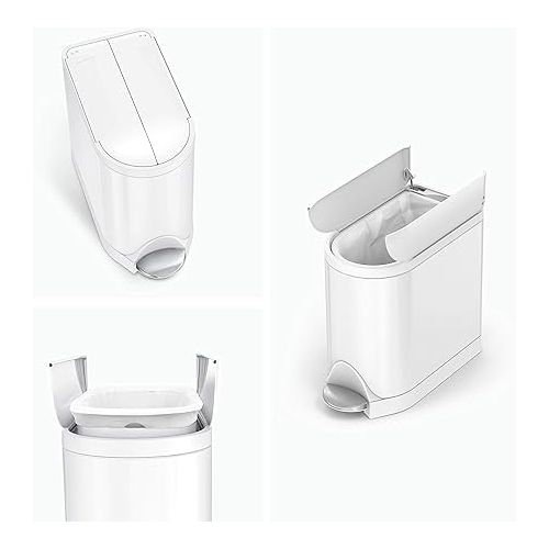 심플휴먼 simplehuman 2.6 Gallon Butterfly Lid Bathroom Step Trash Can, 10 Liter White, White Steel