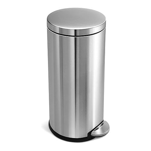 심플휴먼 simplehuman 30 Liter / 8 Gallon Round Step Trash Can, Brushed Stainless Steel