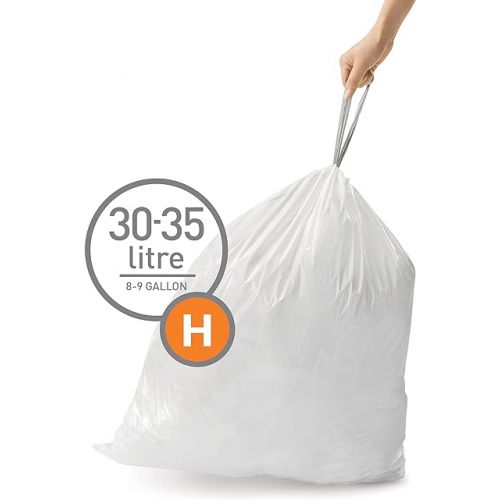 심플휴먼 simplehuman Code H 100 Count,Genuine Custom Fit Liners, Drawstring Trash Bags in Dispenser Packs, 30-35 Liter / 8-9 Gallon, White