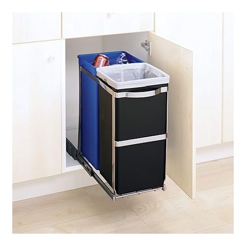 심플휴먼 simplehuman 35 Liter / 9.3 Gallon Dual Compartment Under Counter Kitchen Cabinet Pull-Out Recycling Bin and Trash Can, Chrome