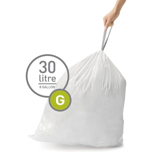 심플휴먼 simplehuman Code G 60 Count, Genuine Custom Fit Liners, Drawstring Trash Bags in Dispenser Packs, 30 Liter / 8 Gallon, White