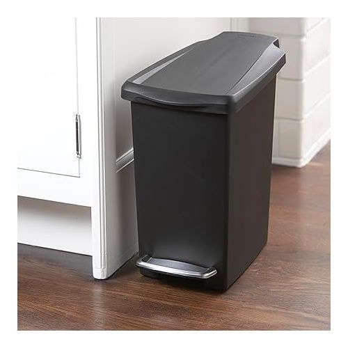 심플휴먼 simplehuman Rectangular 10 Liter / 2.6 Gallon Compact Slim Bathroom or Office Step Trash Can, Black Plastic