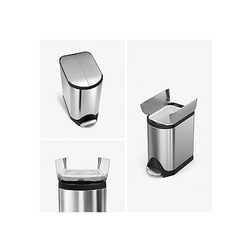 심플휴먼 simplehuman 10 Liter / 2.6 Gallon Butterfly Lid Bathroom Step Trash Can, Brushed Stainless Steel with Black Trim